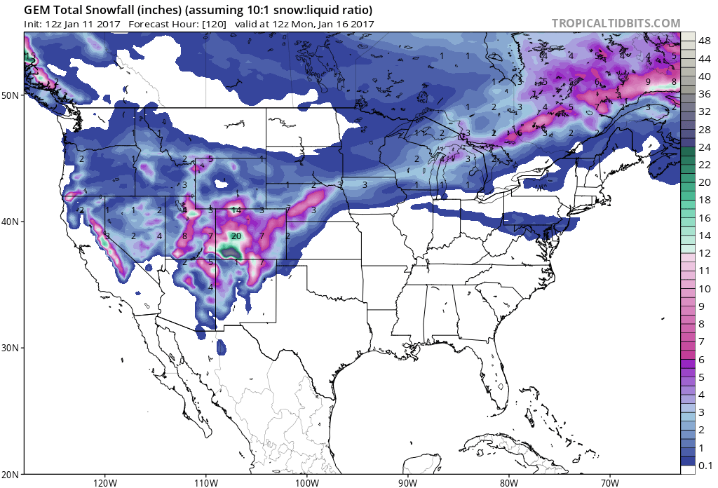 The 5 day snowfall totals are HUGE for the Sierras. Image: Tropical Tidbits
