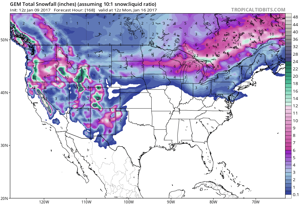 The 7-day snowfall totals are looking GOOD for JH and Targhee. Image: Tropical Tidbits