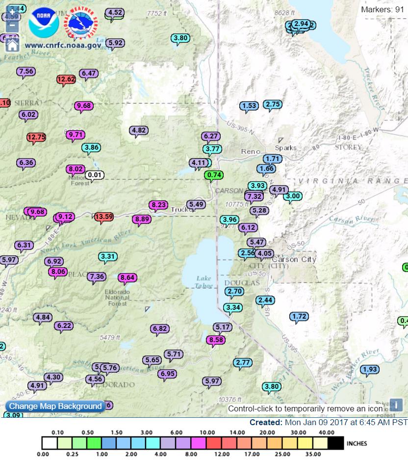 48-hour precipitation totals. Image: NOAA Reno, NV Today
