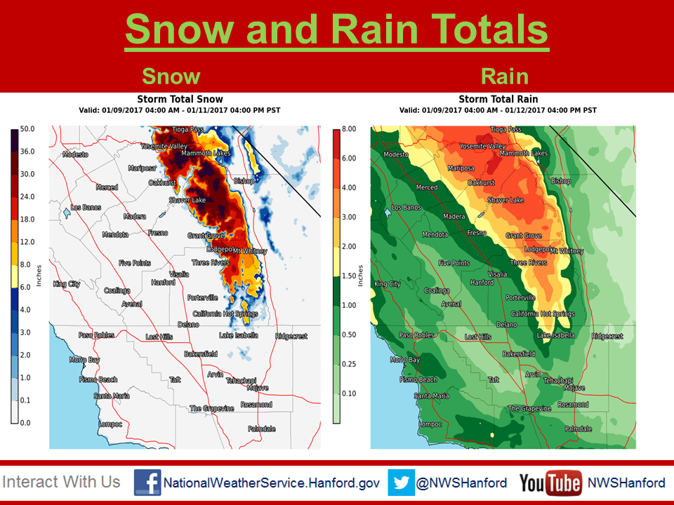 HUGE snow and rain totals. Image: NOAA Hanford, CA Today