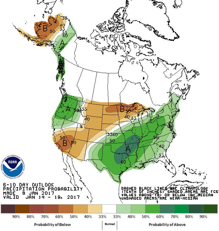 Average Snowfall is expected at JH & Targhee throughout the next 6-10 days. Image: NOAA Today