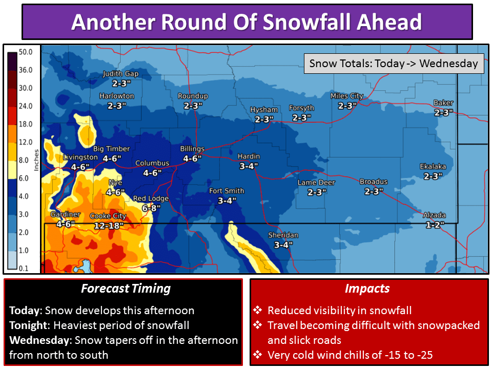 Snowfall totals into tomorrow. Image: NOAA Billings, MT Today