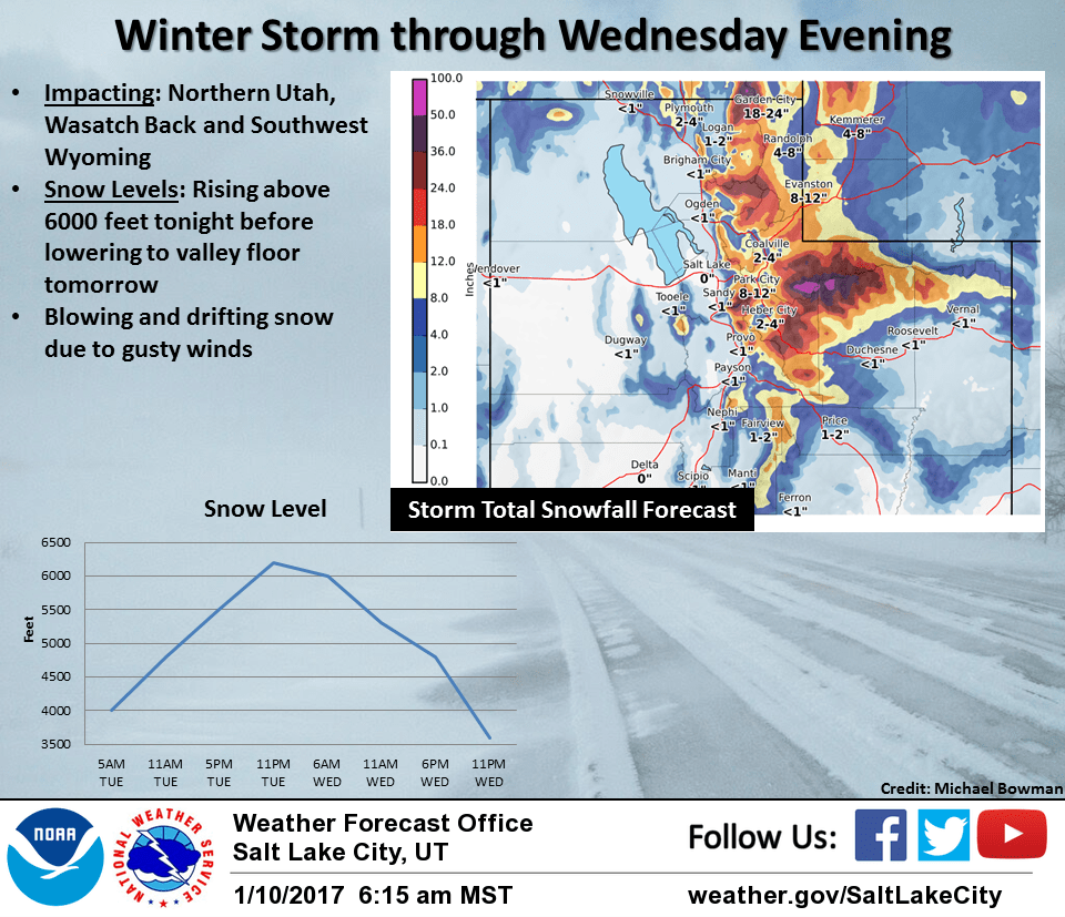 Utah Storm Totals Through Wednesday Night. Image: NOAA Satl Lake City, Today