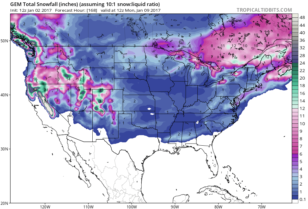 GFS forecast showing substantial snow totals over the next 7 days. Image: Tropical Tidbits