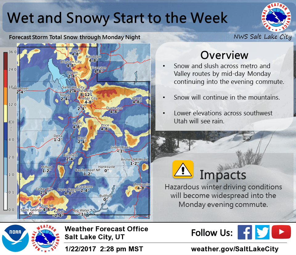 Snowfall through Monday Night. Image: NOAA Salt Lake City, Utah Yesterday