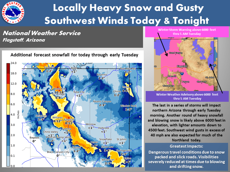 Forecast snowfall for Arizona through Tuesday morning. Image: NOAA Flagstaff, AZ Today