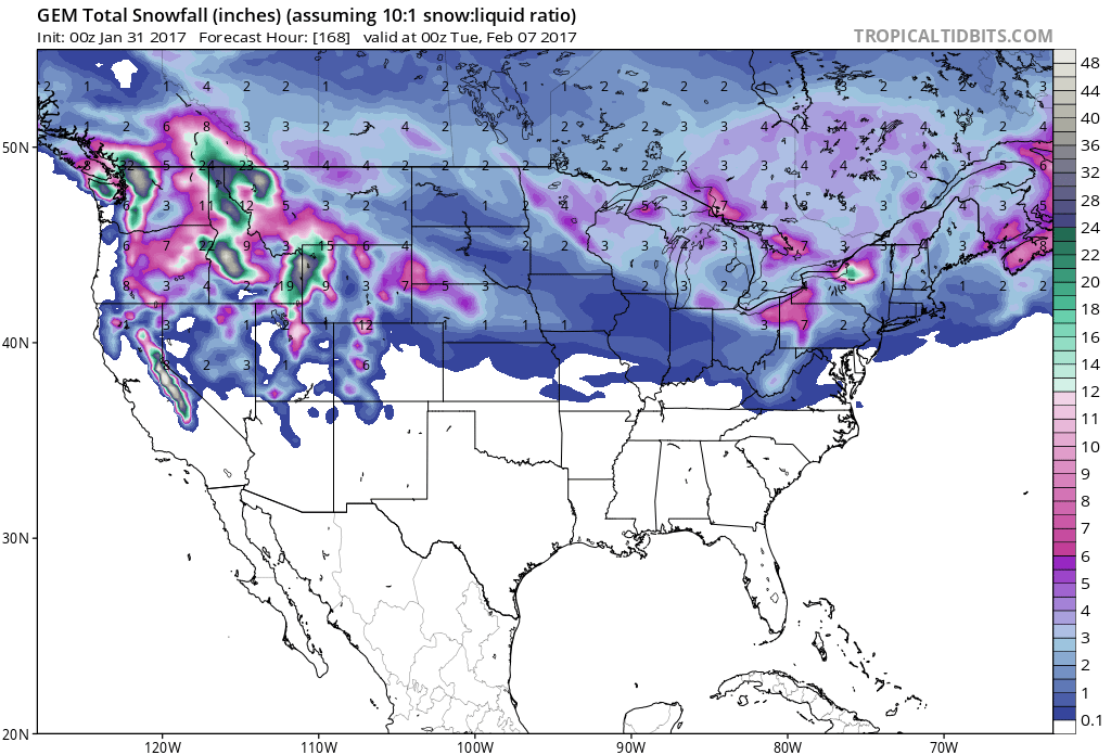 7 day snowfall totals. Image: Tropical Tidbits