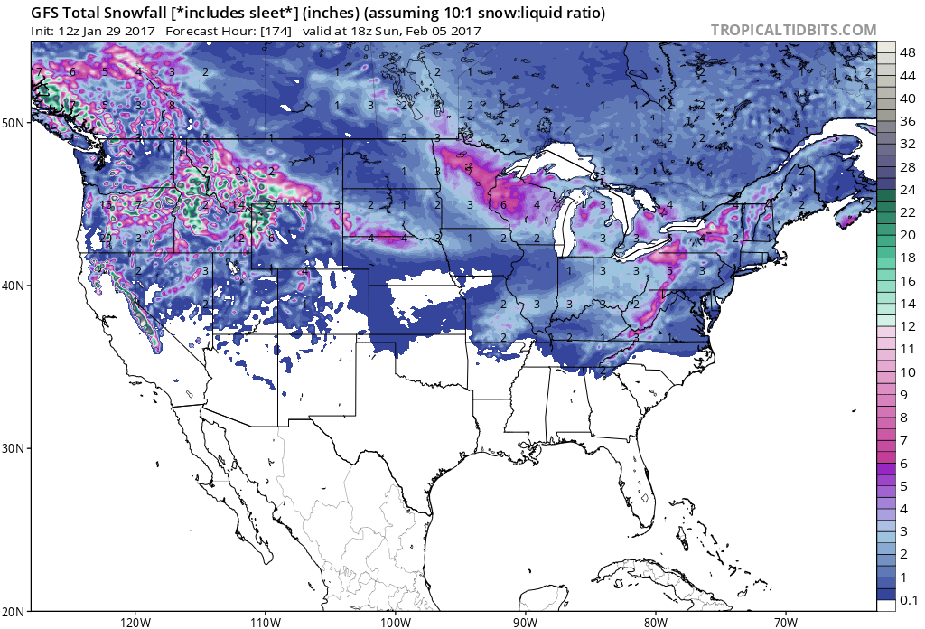 GFS weather model showing big snow for CA through next Sunday. image: tropicaltidbits.com