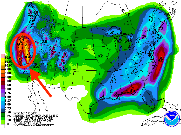 19" of precipitation forecast in next 7 days in spots in CA. That would be around 19 feet of snow... image: noaa, today
