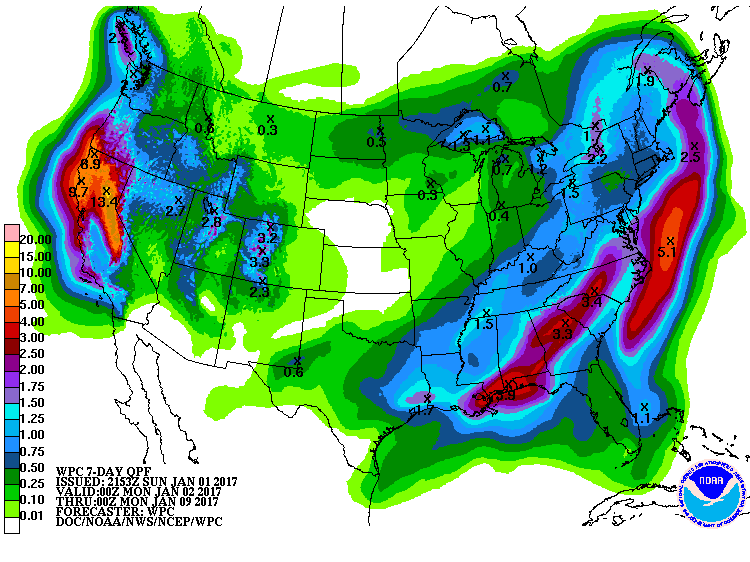 13" of precipitation forecast for Lake Tahoe next 7 days.  That could equate to up to 13 feet of snow.  image:  noaa, today