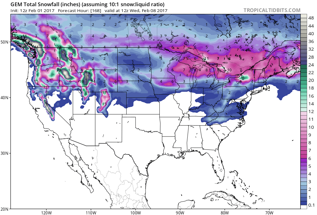 7 day snowfall totals. Image: Tropical Tidbits