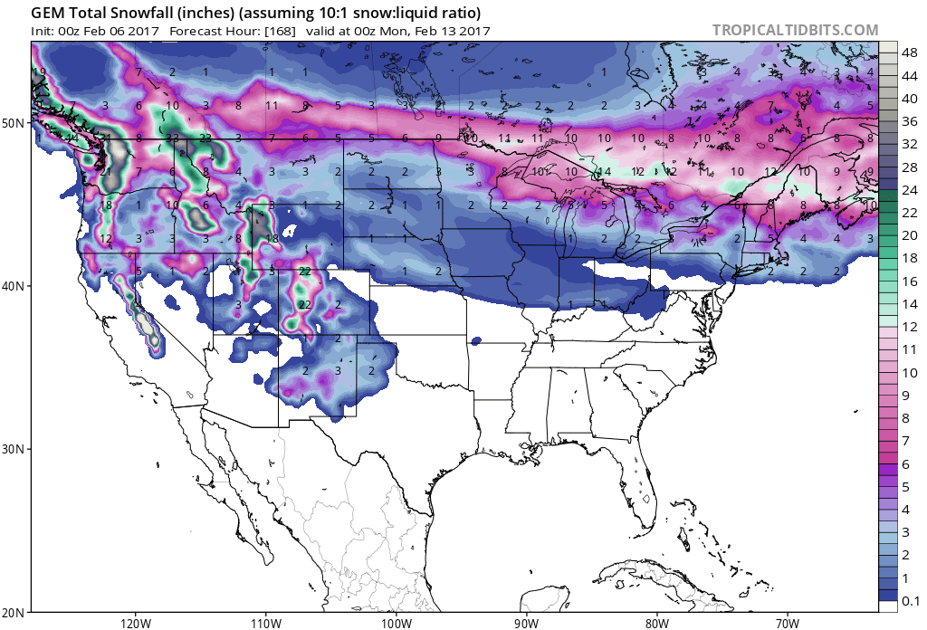 7 day snowfall totals. Image: Tropical Tidbits