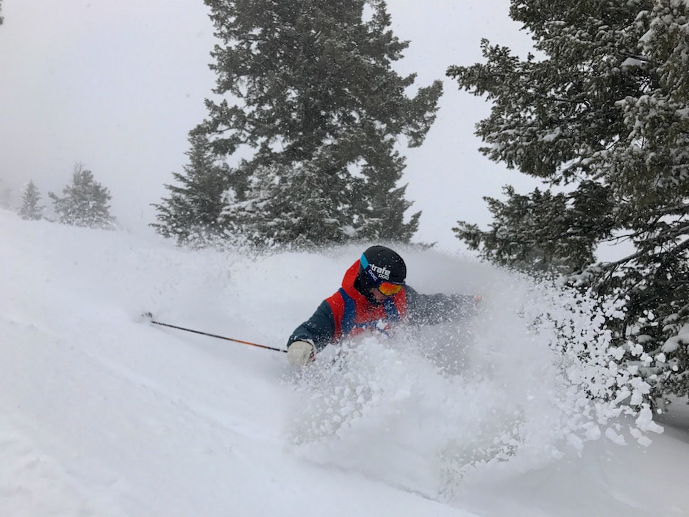 Connery Lundin slashing in the lower Hobacks today. photo: snowbrains