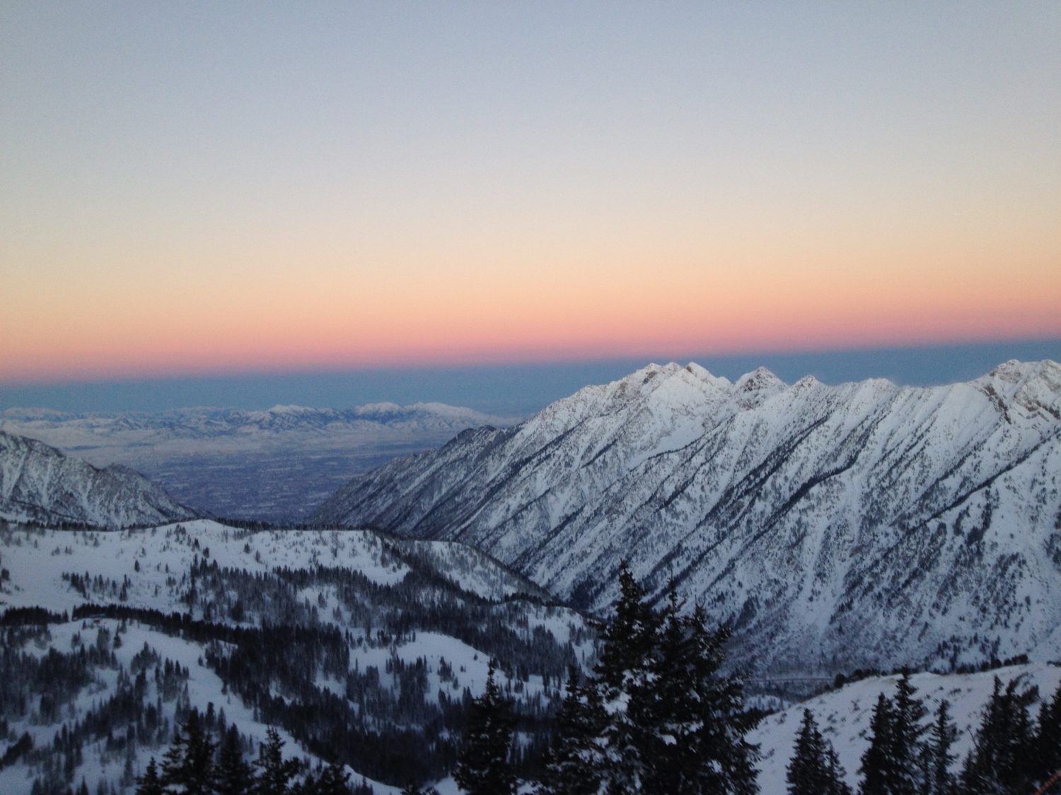 Sunrise from deck of the Snowbird Tram on December 19th, 2016. photo: snowbrains