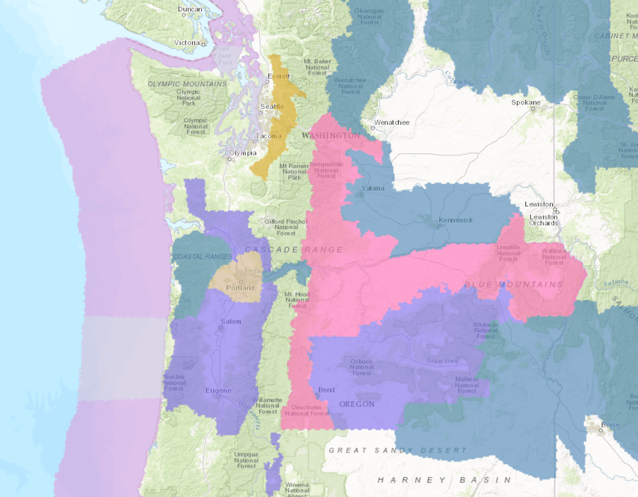 PINK= Winter Storm Warning. PURPLE= Winter Weather Advisory. BLUE= Winter Storm Watch