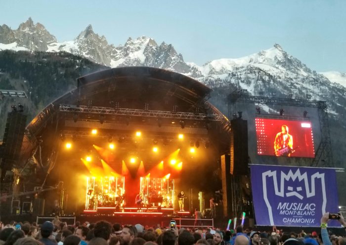Last light on the Aguille du Midi above the Musilac stage. Photo: Zeb Blais.