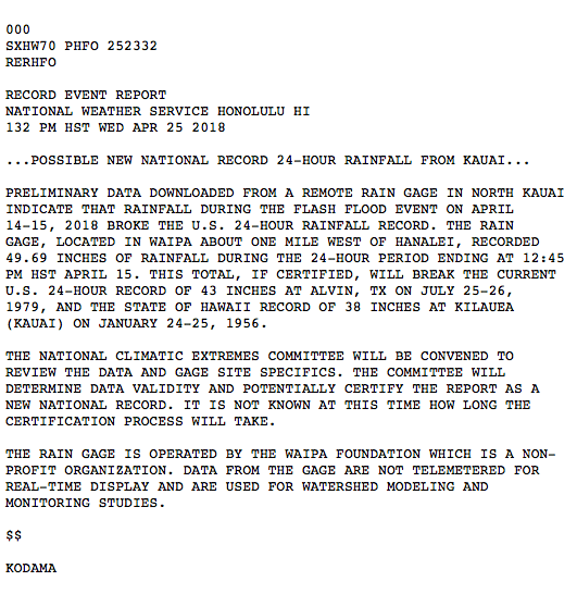 hawaii, kauai, torrential, national record