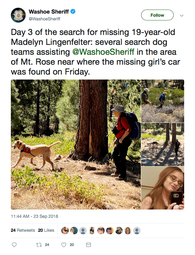 missing, teenager, missing teenager, reno, nevada, mount rose ski area, Madelyn Lingenfelter, washoe sheriff