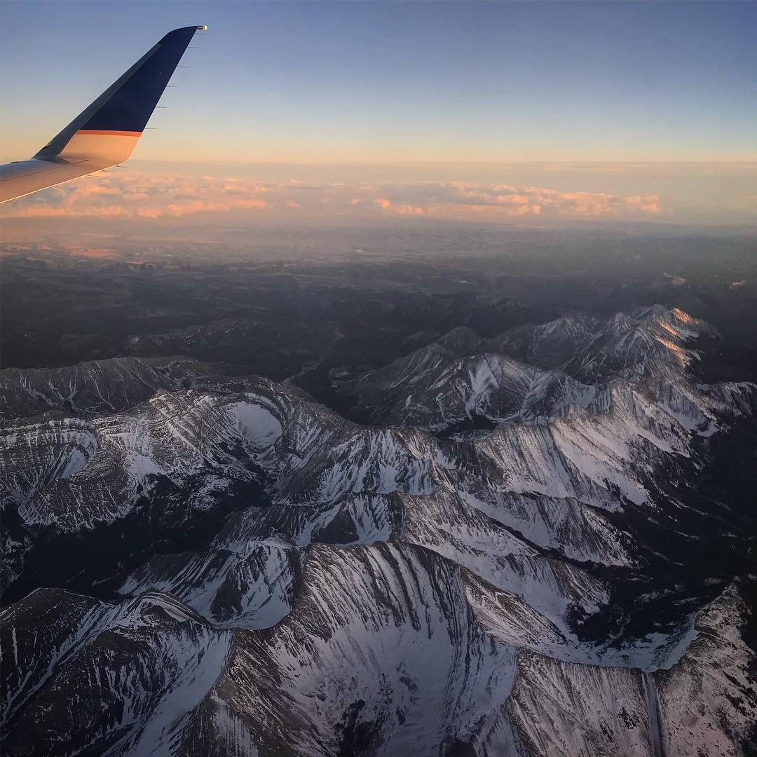 View of mountains, photo from plane, ski resort photo from plane