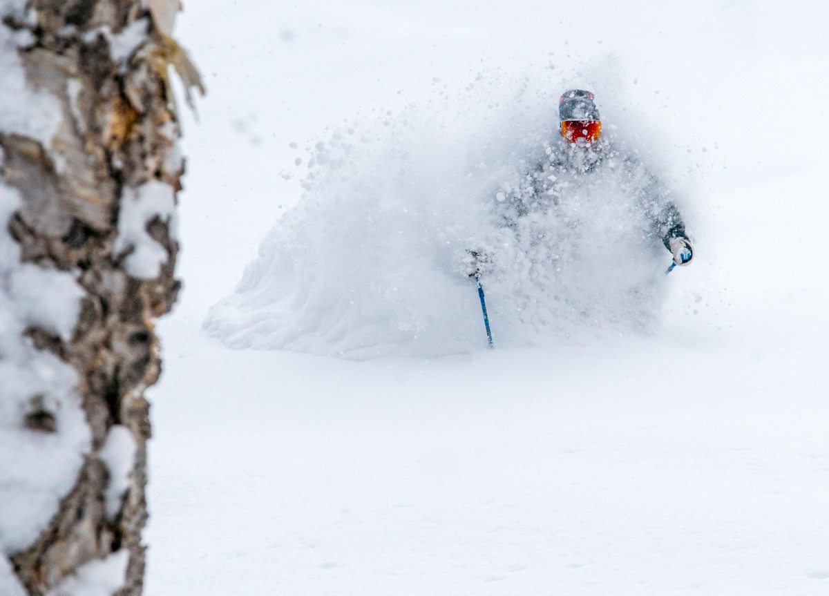 A skier shreds a pow line and gets a face shot