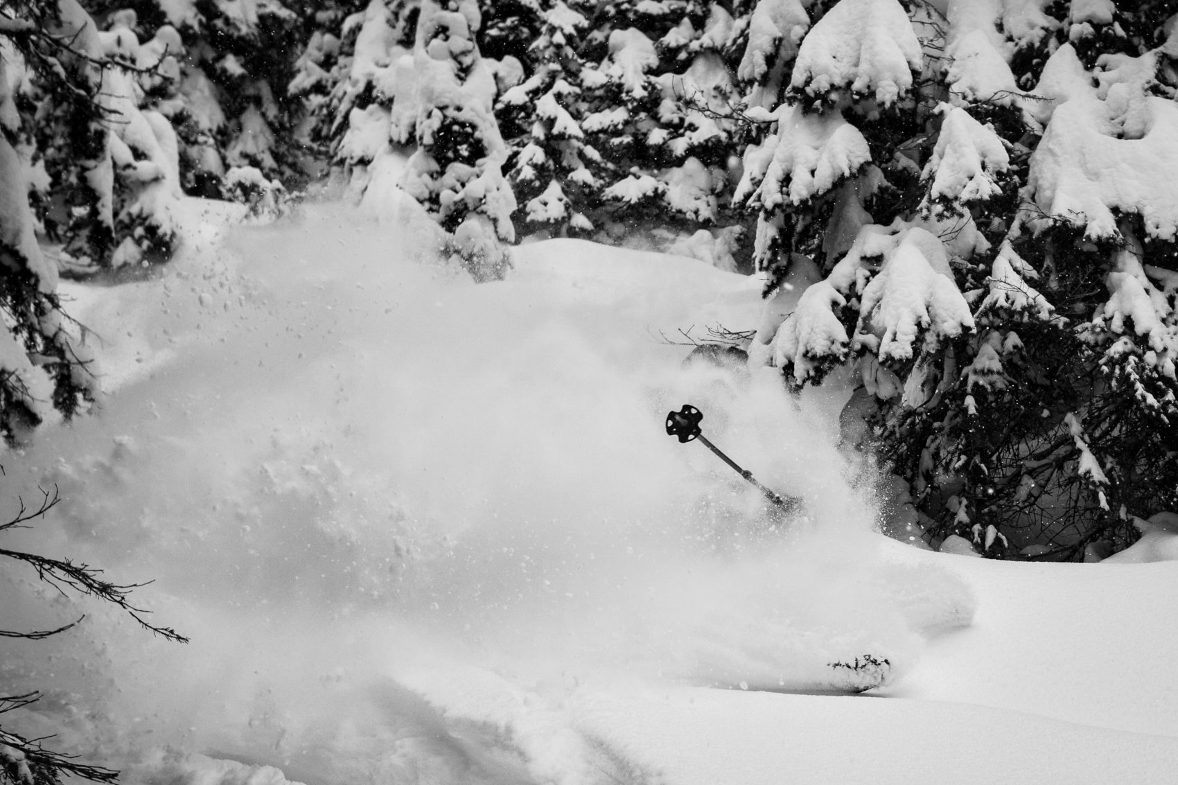 Skier slashing deep powder Revelstoke