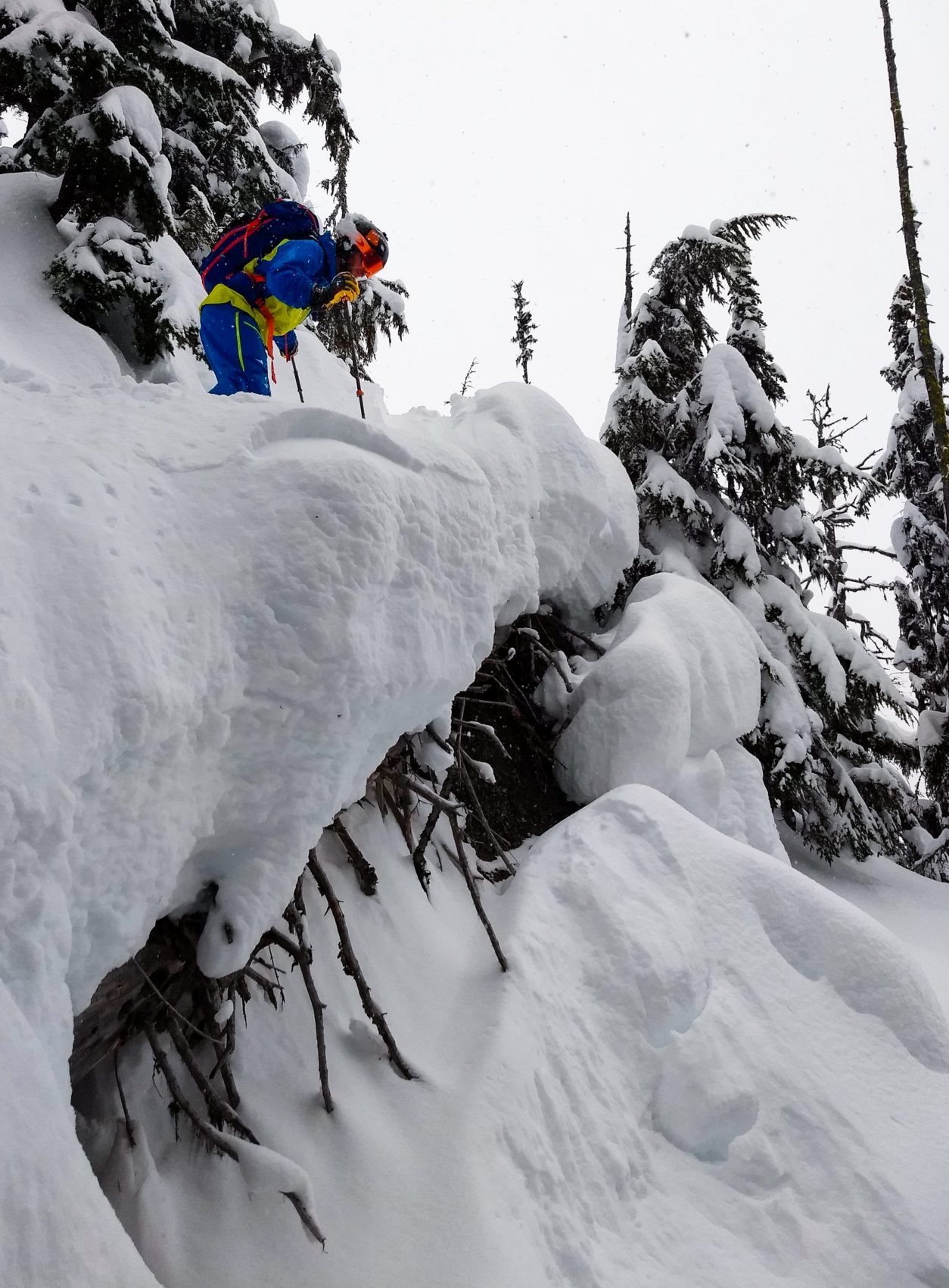 Skier looking down on line in Revelstoke