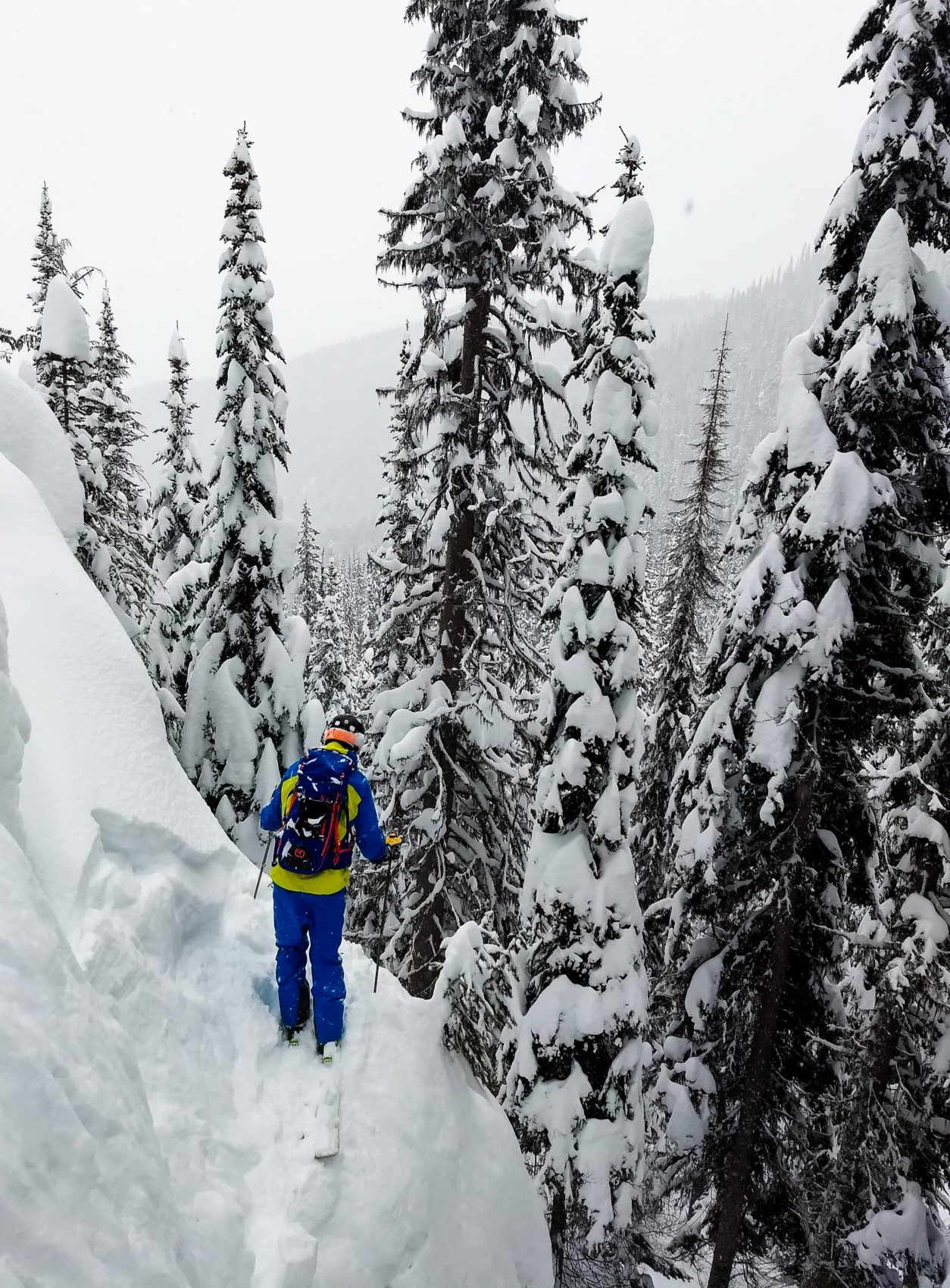 Skier looking down on line