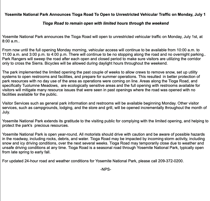 Tioga, Yosemite, fully open