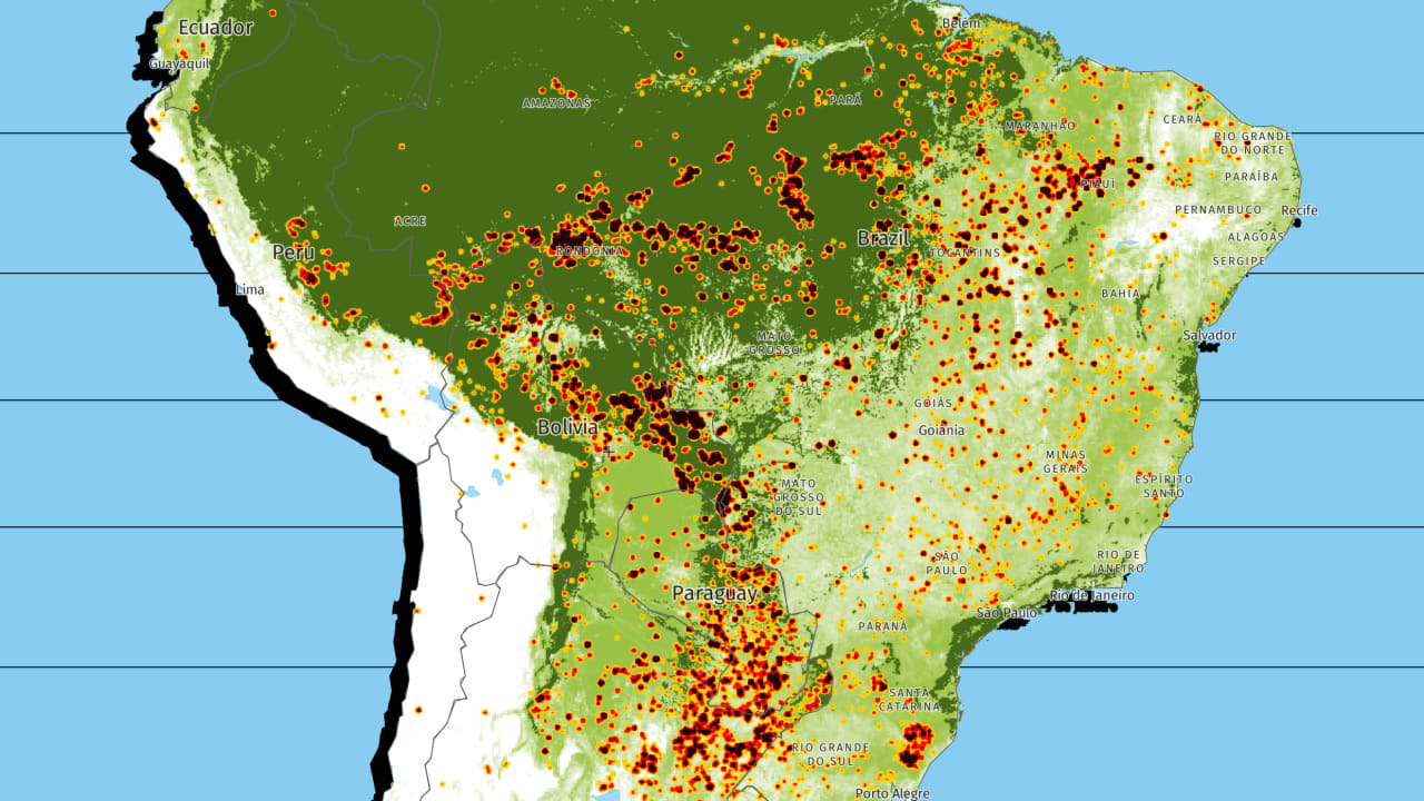 A real-time map of the fires burning the Amazon.