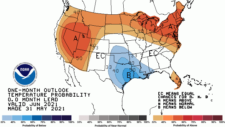June 2021, temperature, NOAA, outlook