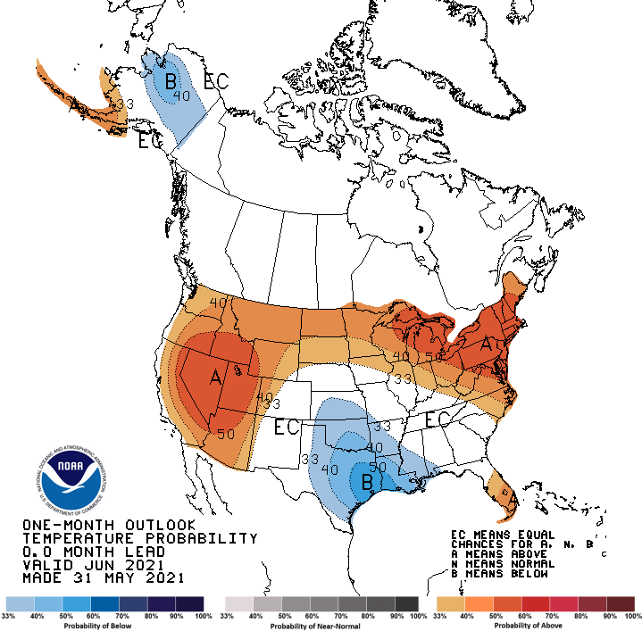 June 2021, temperature, NOAA, outlook