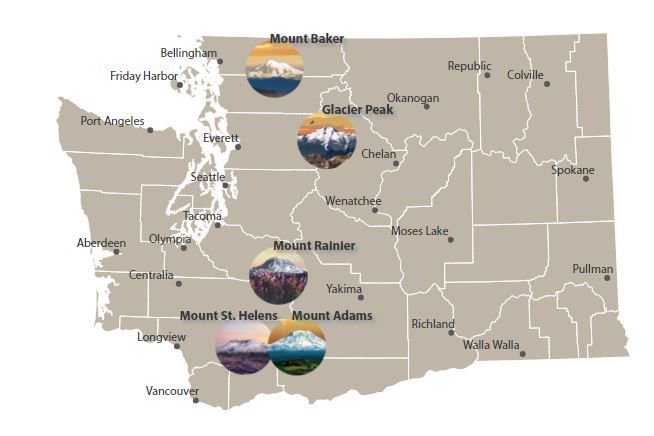 Map of Washington State, washington's 5 volcanoes