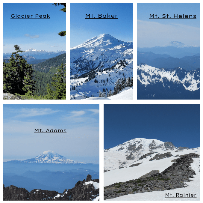 Collage of mountains, washington's 5 volcanoes