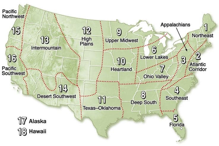 old farmer's almanac, regions, USA,