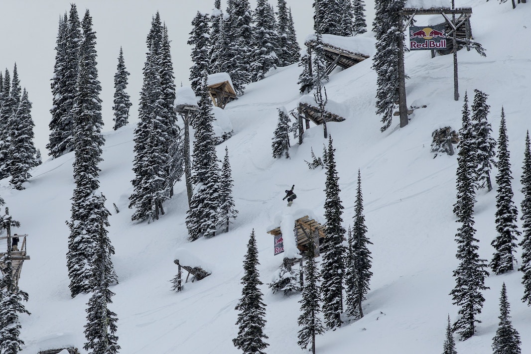 2013 UltraNatural winner Gig Rüf ollies off one of the features at Baldface Lodge near Nelson, BC, Canada. 