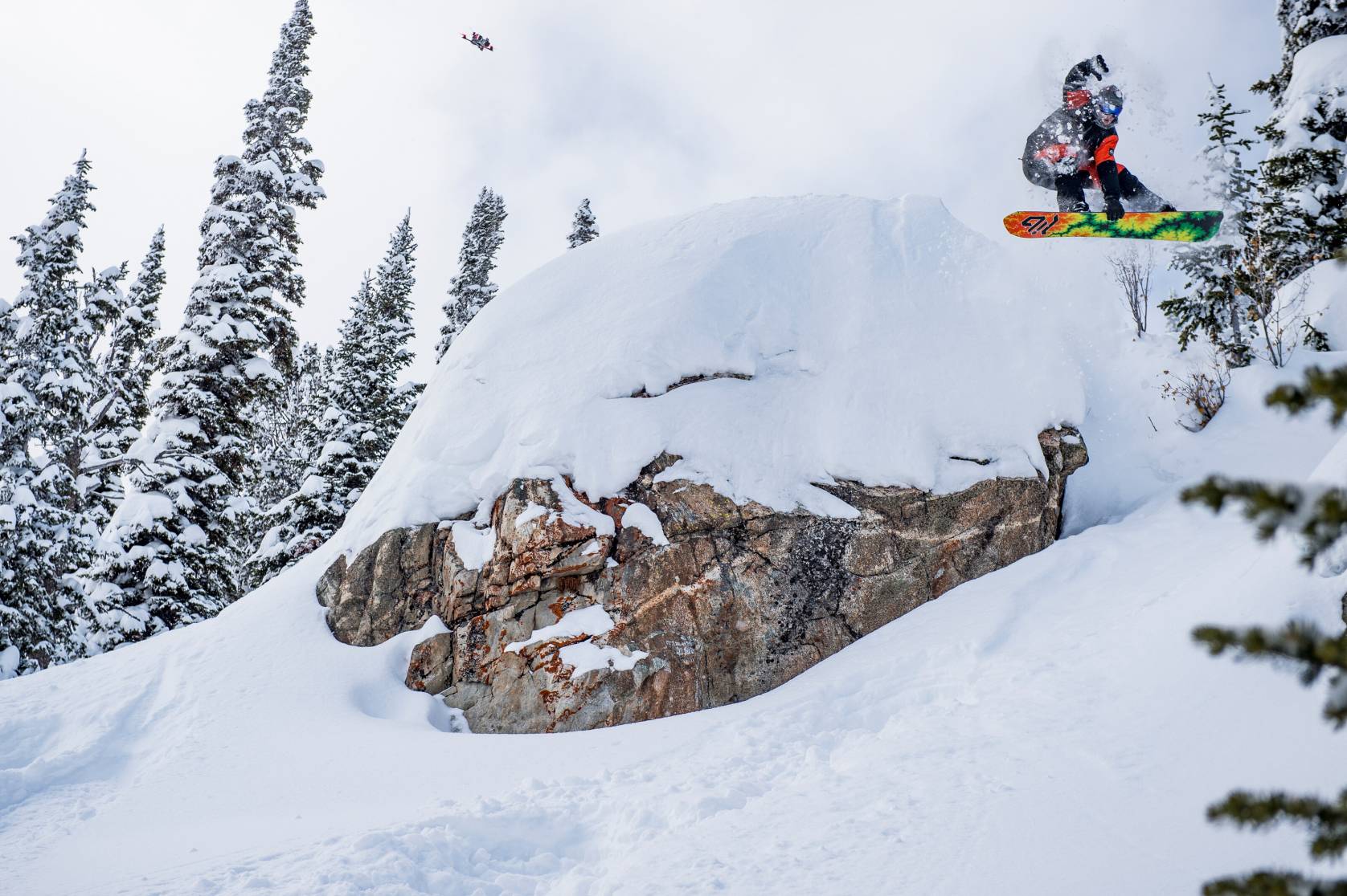Travis Rice testing his own Natural Selection Course with racing drone in tow, Jackson Hole, WY.