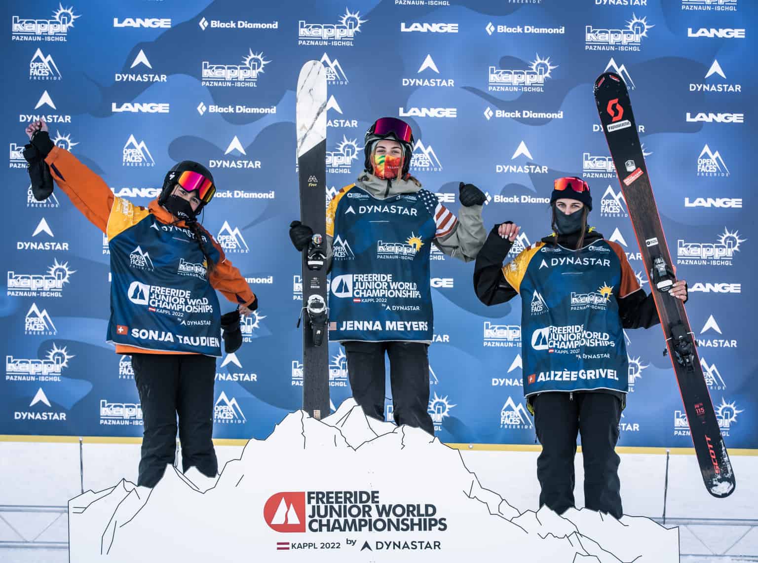Jenna Meyer standing tall on the winner's podium at the Junior Freeride Tour World Championships 2022, Kappl,