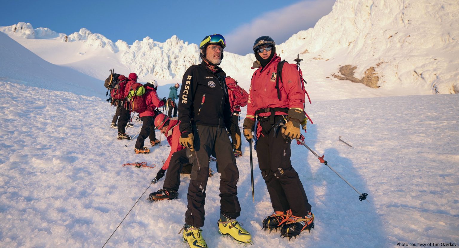 rescuers from portland mountain rescue near the summit of mt. hood