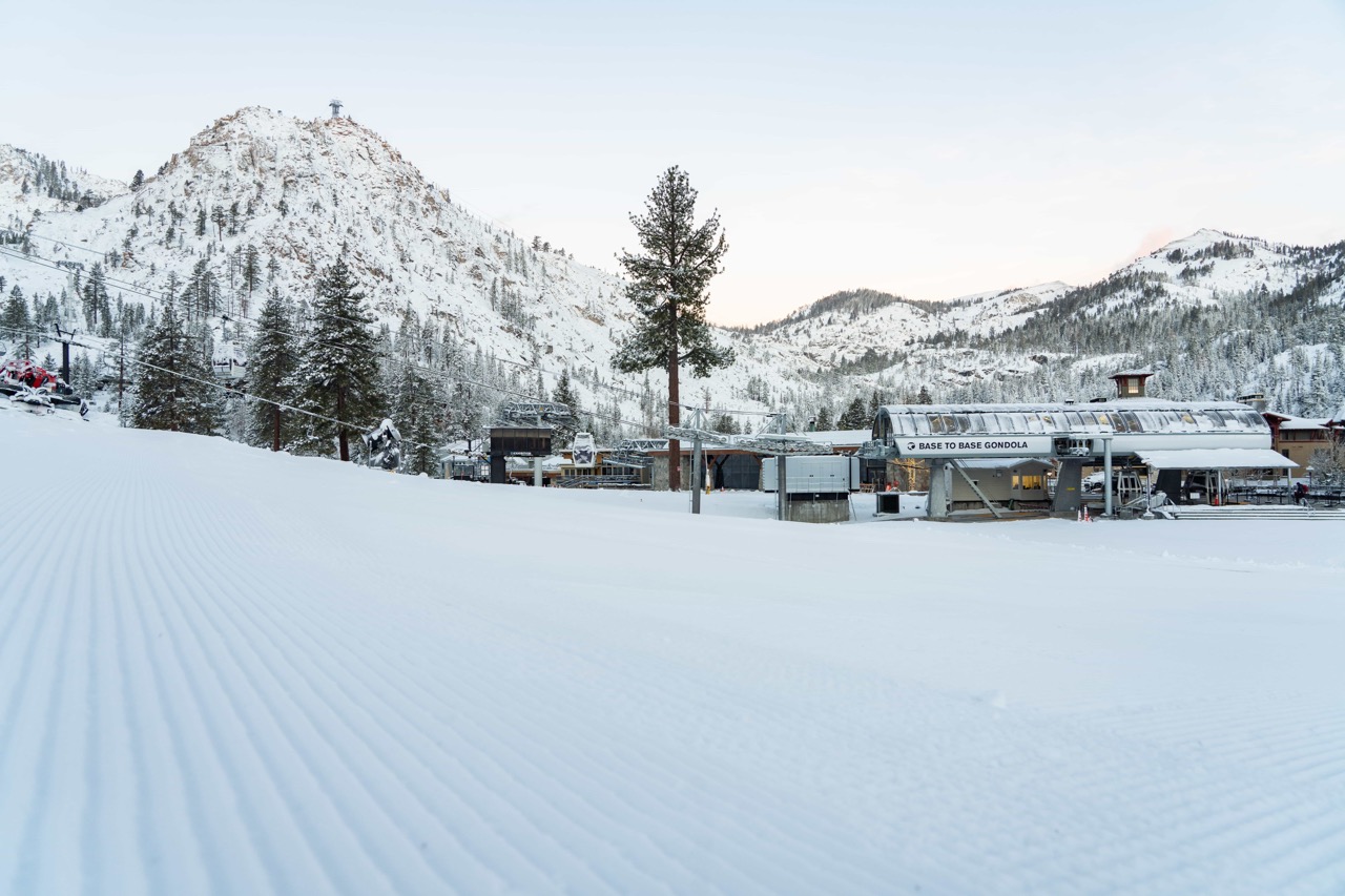 fresh snow and corduroy at base to base gondola Palisades Tahoe california