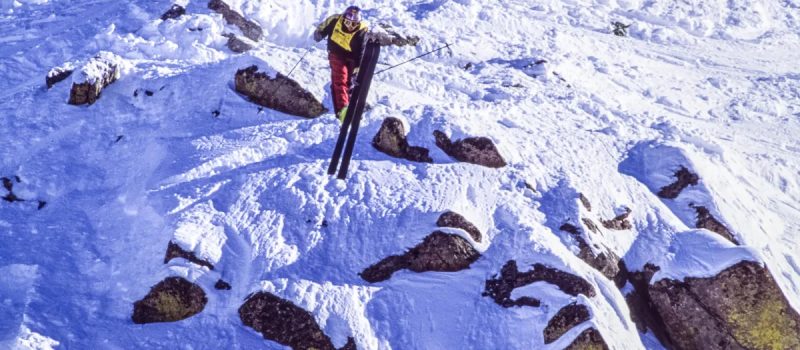 Shane McConkey sending a cliff in the US Extreme Skiing Championships at Crested Butte in 1997. Photo Credit: Flip McCririck