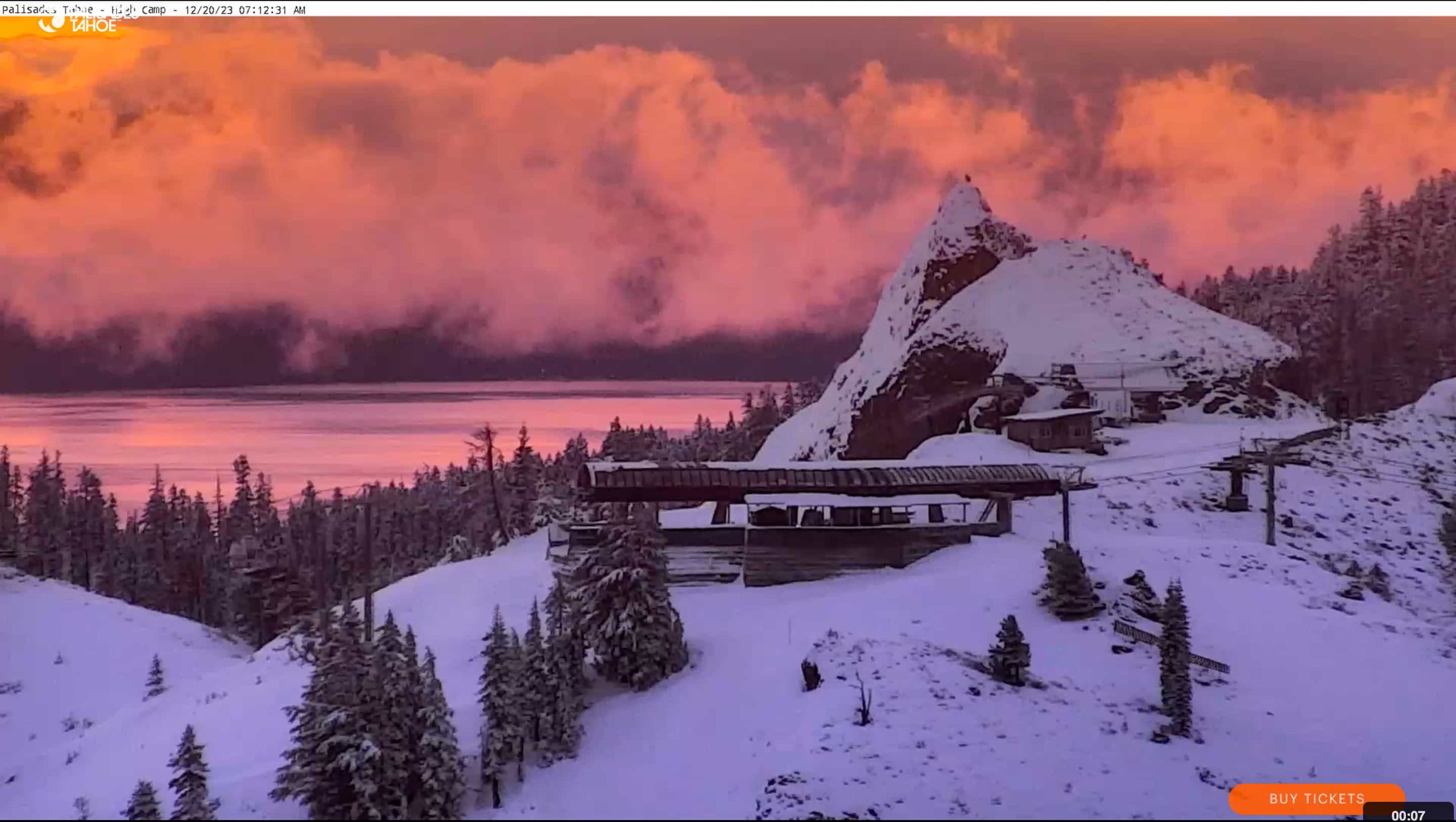 Palisades Tahoe sunrise over snowy mountain