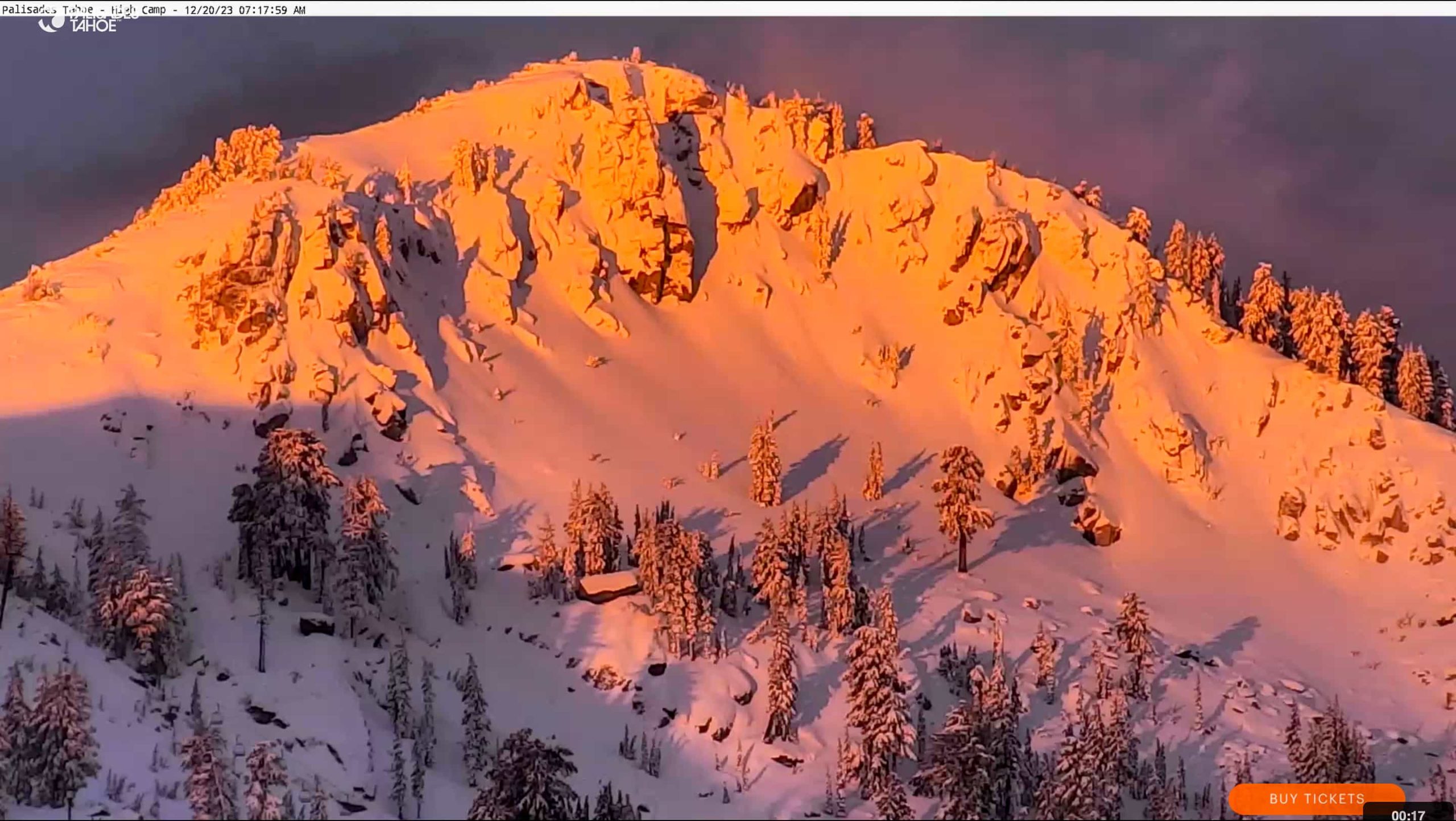 Palisades Tahoe sunrise over snowy mountain