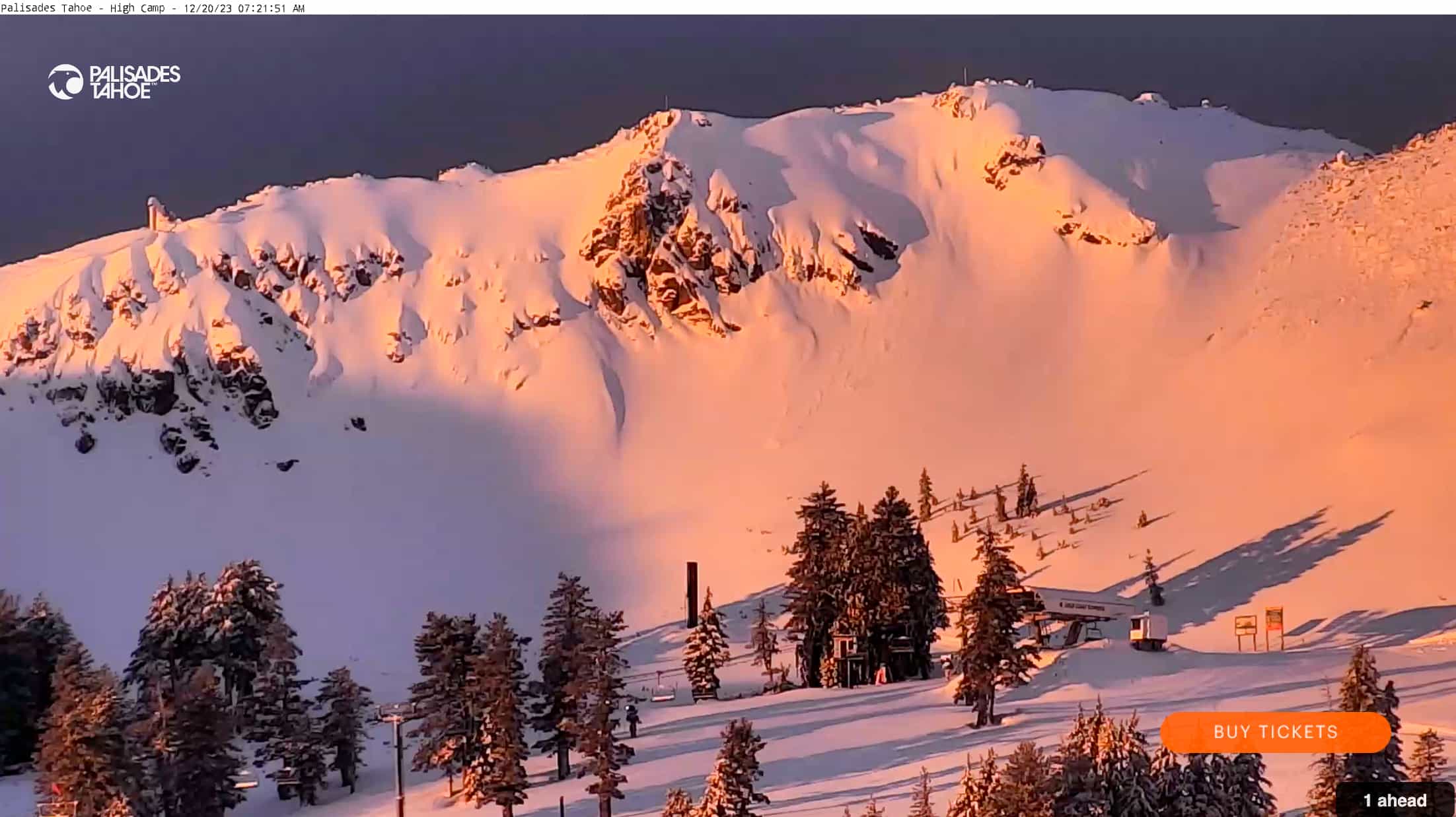 Palisades Tahoe sunrise over snowy mountain