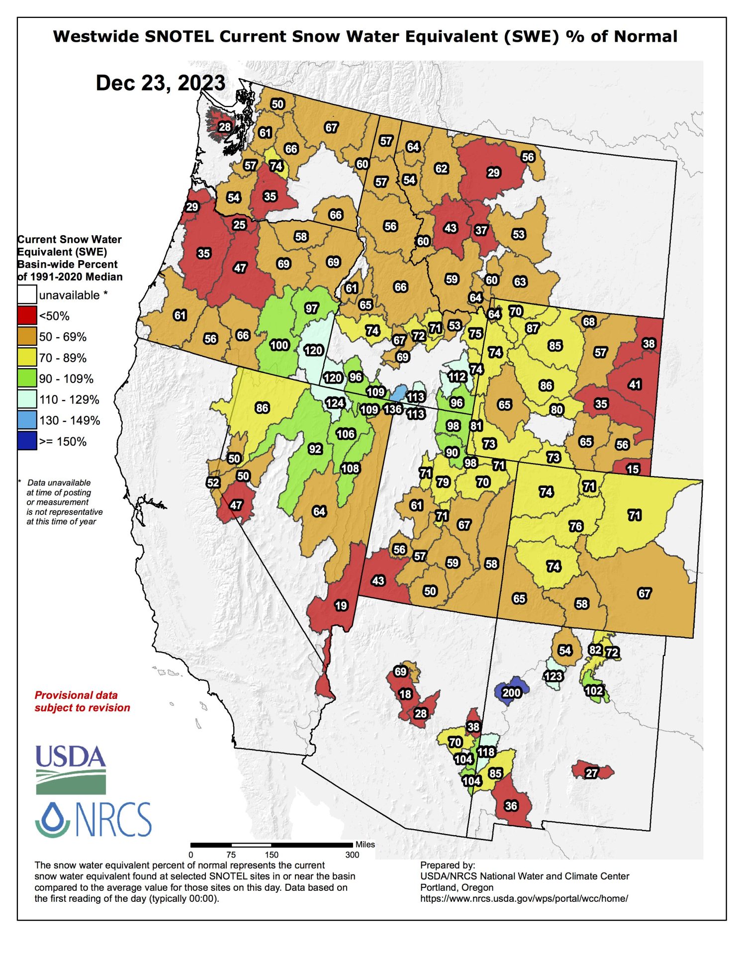 map of SWE compared to normal for the western US, with most areas well below average