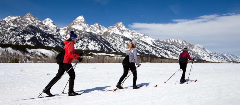 cross country skiers on snowy trail in Grand Teton National Park Wyoming