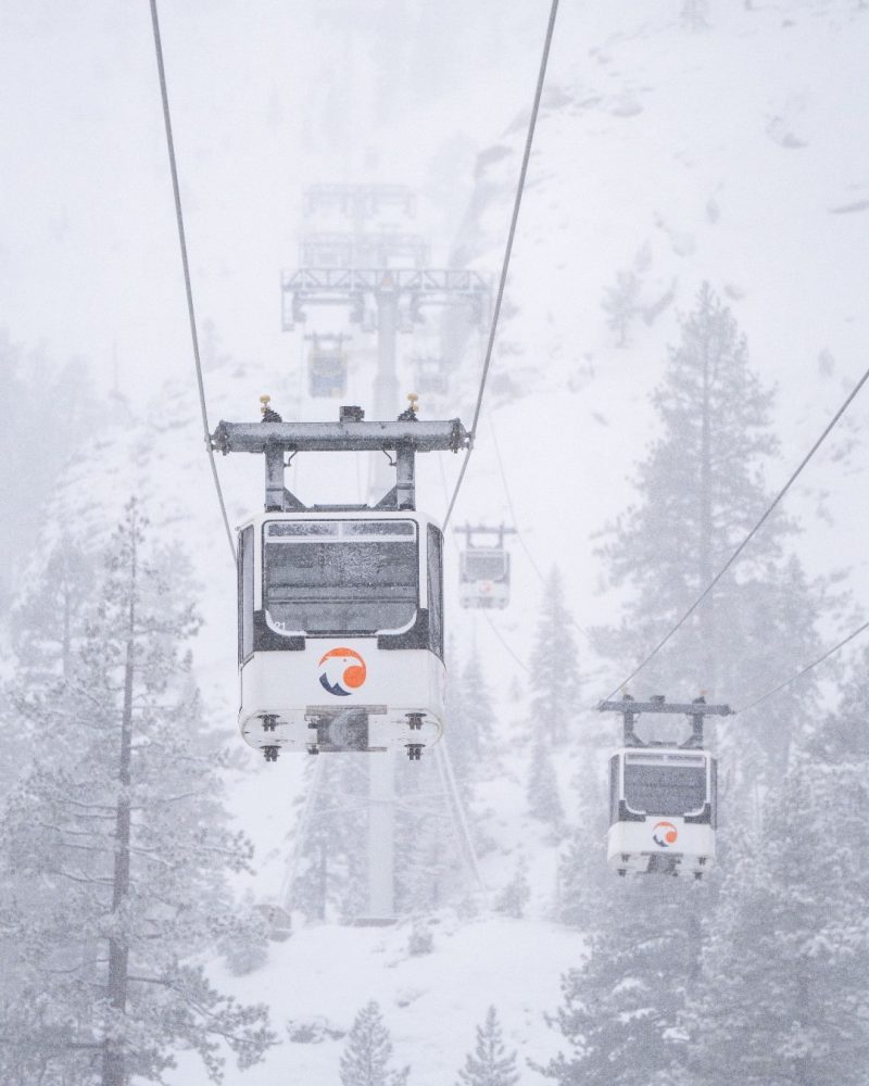 The Gold Coast Funitel at Palisades Tahoe Resort in flurries