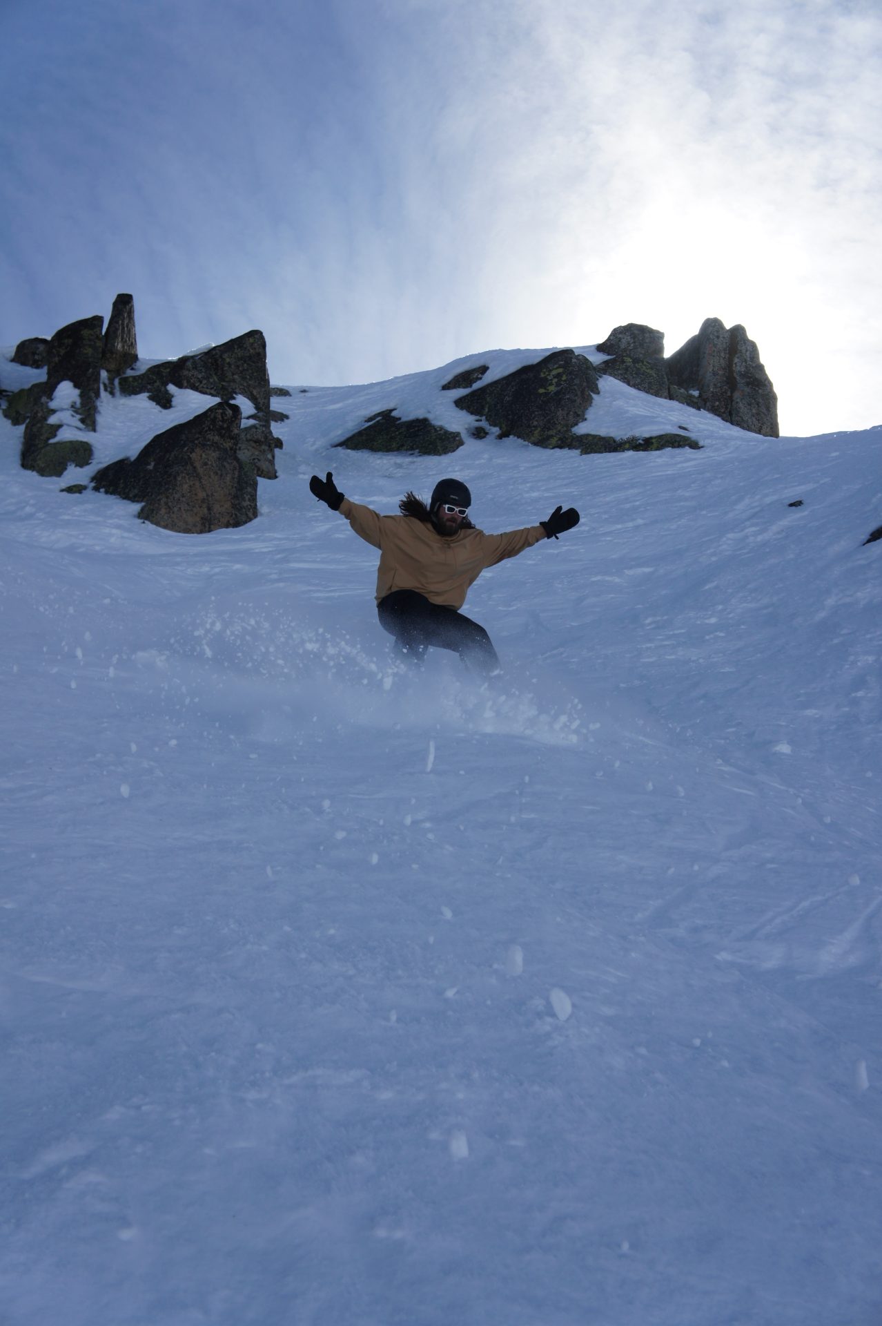 snowboarder getting hyped at palisades
