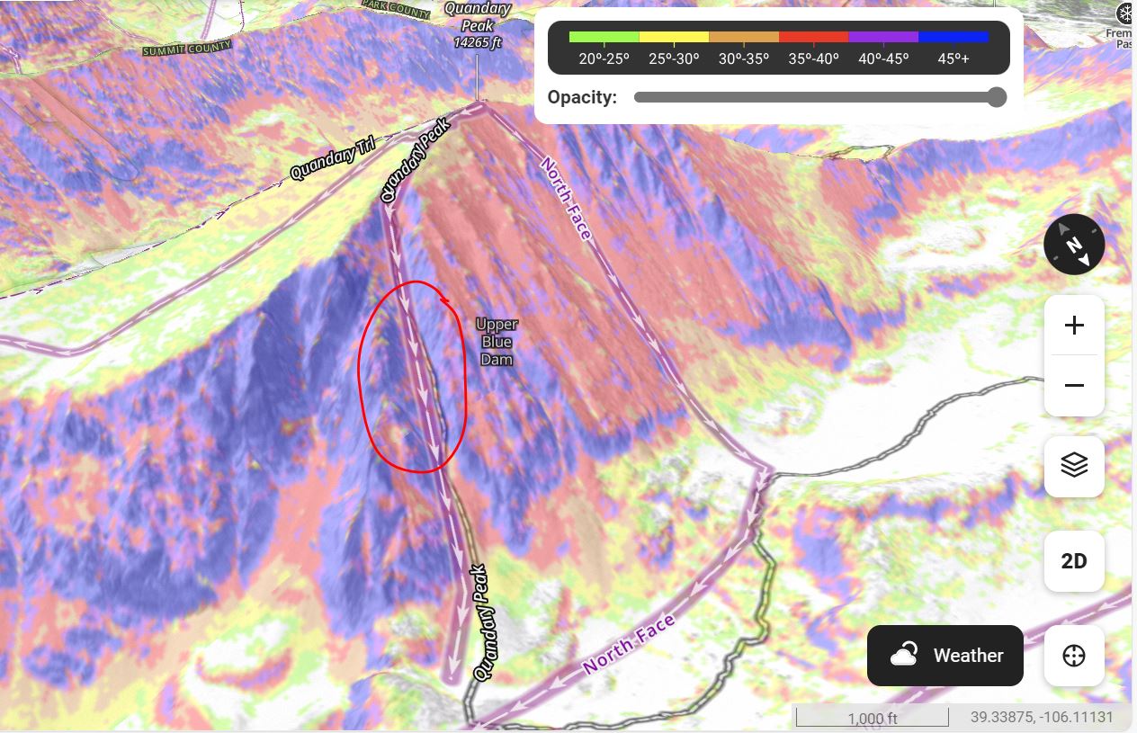 The Quandary Couloir and the estimated location of the avalanche and slide path. Photo Credit: onX Backcountry