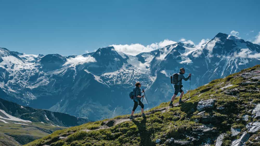 hiking in Austria on mountains with clear blue sky