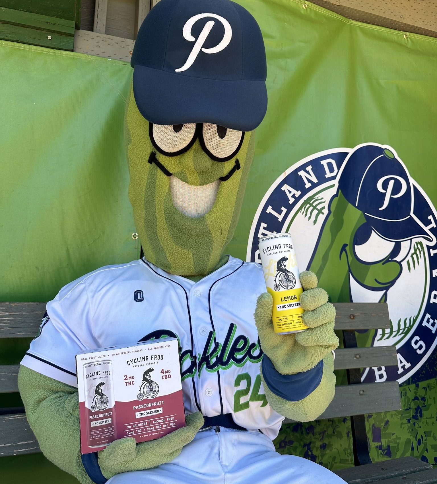 Portland Pickles Mascot drinks CBD drink